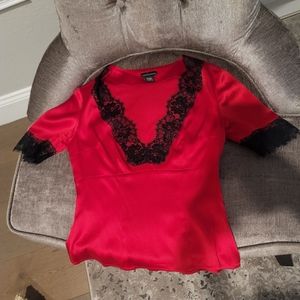 Red Black Lace Trim Silk Top Size S looks like Dolce and Gabbana